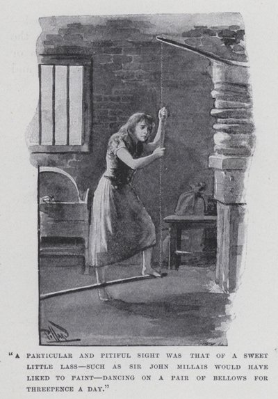 "Ein besonderes und mitleiderregendes Bild war das eines süßen kleinen Mädchens, wie es Sir John Millais gerne gemalt hätte, das für drei Pence am Tag auf einem Blasebalg tanzte" von Harold Hume Piffard