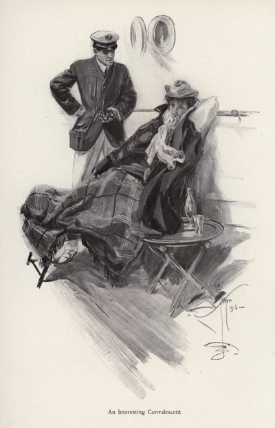 Kapitän an Bord eines Schiffes spricht mit einer genesenden Frau von Harrison Fisher