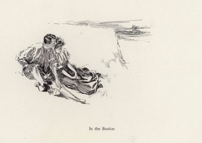 Paar in romantischer Umarmung in einem Bunker auf dem Golfplatz (Lithografie) von Harrison Fisher
