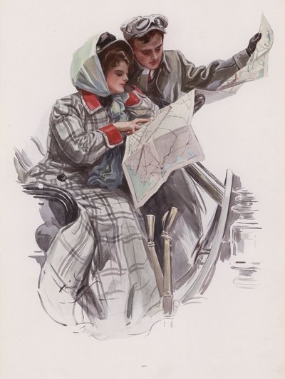 Mann und Frau lesen eine Karte in einem Auto von Harrison Fisher