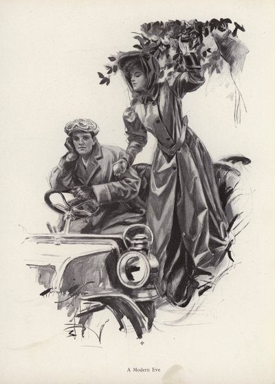 Frau pflückt Äpfel aus einem Auto (Lithografie) von Harrison Fisher