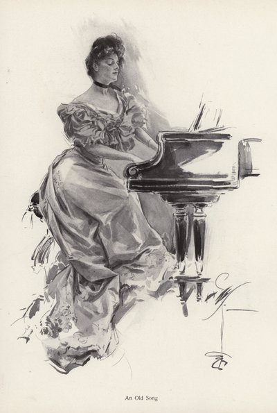 Frau spielt ein Lied auf einem Klavier (Lithografie) von Harrison Fisher