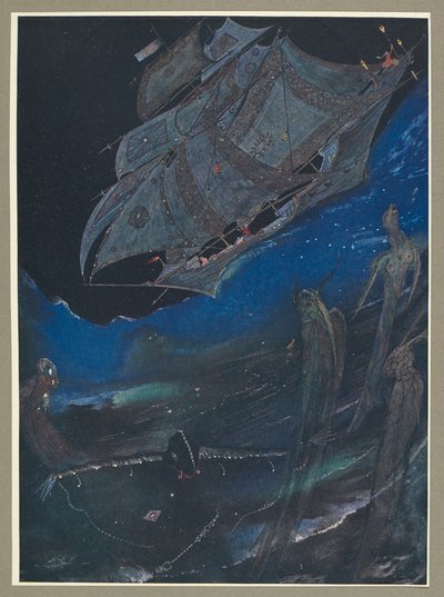 Eine Illustration, die ein Schiff auf See und Fische darunter zeigt. von Harry Clarke