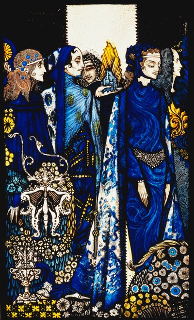 Etain, Helen, Maeve und Fand, Golden Deirdres zarte Hand. "Königinnen", neun Glasplatten geätzt, gefärbt und bemalt, Illustration von J.M. Synges Gedicht, 1917 von Harry Clarke