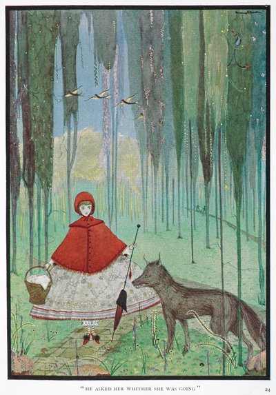 "Er fragte sie, wohin sie gehe." Rotkäppchen trifft den Wolf im Wald. von Harry Clarke