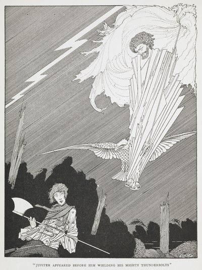 "Jupiter erschien vor ihm und schwang seine mächtigen Blitze." Illustration für "die lächerlichen Wünsche." von Harry Clarke
