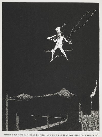 "Der kleine Däumling hielt sein Wort und kehrte noch in derselben Nacht mit den Nachrichten zurück." Ein Bote fliegt durch den Nachthimmel. Illustration für die Geschichte "der kleine Däumling." von Harry Clarke
