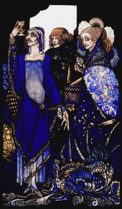 Königinnen, die den Osten durch Stellvertreter verschwendeten. "Königinnen", neun Glasplatten geätzt, gefärbt und bemalt, Illustrationen zu J.M. Synges Gedicht, 1917 von Harry Clarke