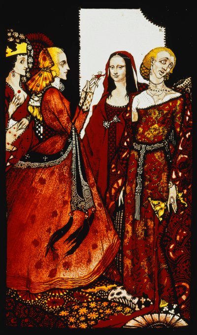 Königinnen, deren Finger einst Männer bewegten. "Königinnen", neun Glasplatten geätzt, gefärbt und bemalt, Illustrationen zu J.M. Synges Gedicht, 1917 von Harry Clarke