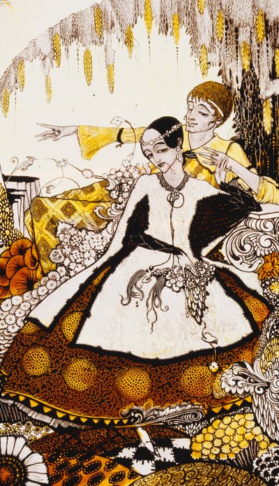 Sieben Hundstage lassen wir verstreichen, Königinnen in Glenmacnass benennen. Neun Glasplatten geätzt, gefärbt und bemalt, Illustration von J.M. Synges Gedicht, 1917 von Harry Clarke
