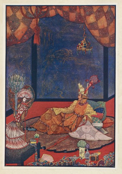 Die Nachtigall. Der künstliche Vogel hatte seinen Platz auf einem seidenen Kissen nahe dem Bett des Kaisers. von Harry Clarke