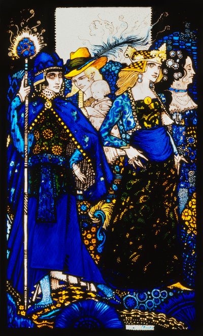 Die Königinnen von Saba, Meath und Connaught. "Queens", neun Glasplatten geätzt, gefärbt und bemalt, Illustration von J.M. Synges Gedicht, 1917 von Harry Clarke