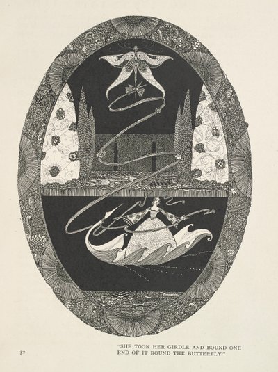 Däumelinchen. Sie nahm ihren Gürtel und band ein Ende davon um den Schmetterling. von Harry Clarke