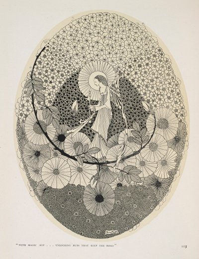 Zum kommenden Frühling. "Mit magischem Schlüssel... die Knospen öffnen, die die Rosen bewahren". von Harry Clarke