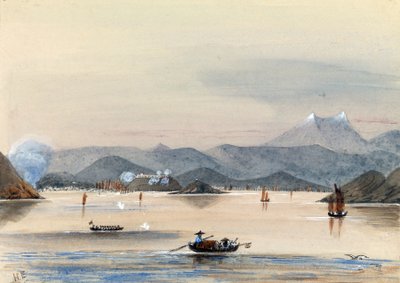 Die HMS Tribune auf dem Chuenpee-Fluss in Kanton (China), mit Ruderbooten und chinesischen Dschunken von Harry Edmond Edgell