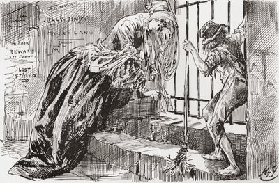 Lady Dedlock und Jo. "Er wurde dort hingebracht," sagt Jo, hält sich an den Gittern fest und schaut hinein, während Lady Dedlock in eine Ecke schrumpft. Illustration von Harry Furniss für den Charles Dickens Roman Bleak House, aus der Testimonial Edition,  von Harry Furniss