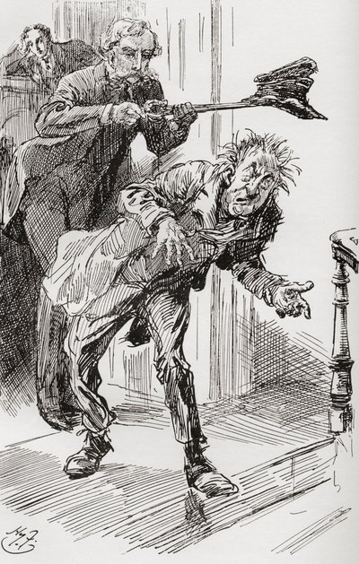 Mr. Wrayburns Methode der Ausweisung. "Die Tatsache, dass Mr. Dolls eine Neigung zeigte, einzuschlafen, was einen längeren Aufenthalt auf dem Gelände drohte, erforderte energische Maßnahmen. Also nahm Eugene seinen abgenutzten Hut mit der Zange, setzte ihn von Harry Furniss