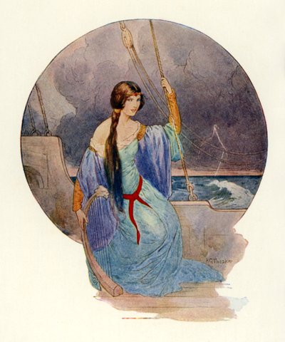 "Endlich, als ein lebendiger Blitzschlag das ganze Schiff in blaue Flammen hüllte, verstummte das Lied plötzlich" von Harry George Theaker