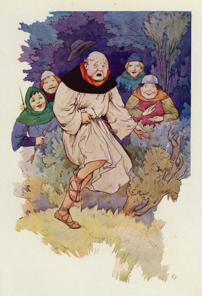 Beim ersten Berühren des Pfeilspitzens durch seine Robe sprang der Abt mit einem Quieken in die Luft von Harry George Theaker
