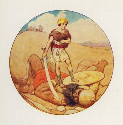 David ergriff das Schwert des Riesen und schlug Goliath den Kopf ab von Harry George Theaker