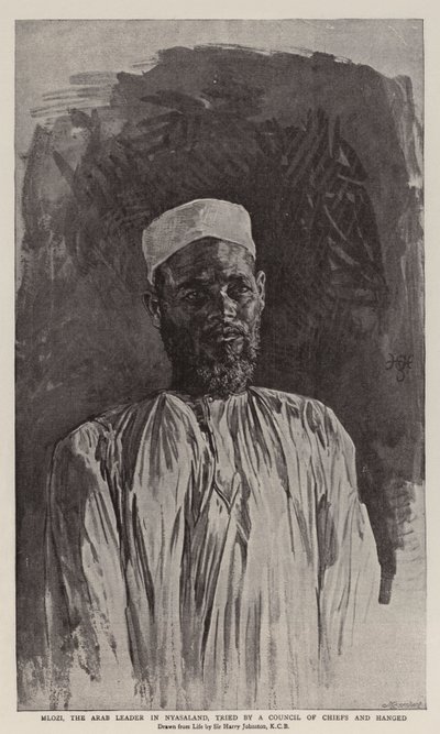 Mlozi, der arabische Anführer in Nyasaland, von einem Rat der Häuptlinge verurteilt und gehängt von Harry Hamilton Johnston
