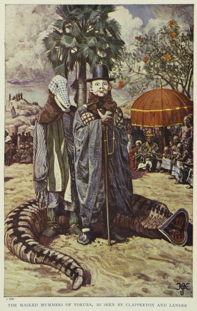 Die maskierten Mummern von Yoruba, gesehen von Clapperton und Lander, Illustration aus "Pioniere Westafrikas", 1912 von Harry Hamilton Johnston
