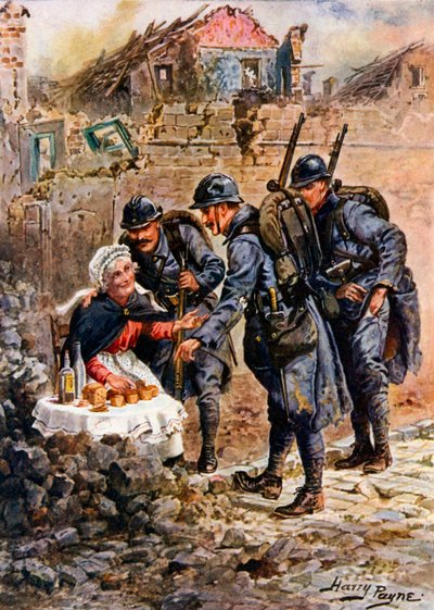 Eine alte Frau verkauft Kuchen zwischen den einstürzenden Häusern von Verdun von Harry Payne