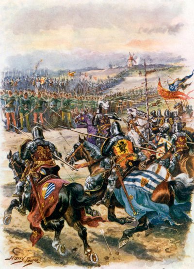 Angriff der französischen Kavallerie. Schlacht von Crécy (Farblitho) von Harry Payne