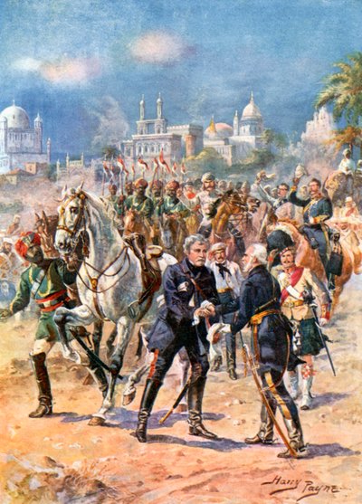 Das Treffen von Sir Colin Campbell und General Outram. Entsatz von Lucknow (Farblitho) von Harry Payne