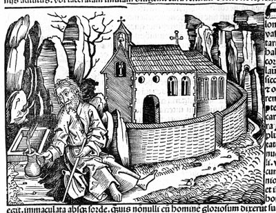 Ein Pilger hält während seiner Reise in einem Kloster an, nach Hartmann Schedels "Nürnberger Chronik" von Hartmann Schedel