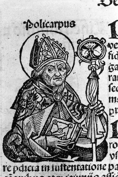 Porträt von Polykarp von Smyrna, Bischof. Gravur aus den „Chroniken von Nürnberg“ von Schedel Hartmann von Hartmann Schedel