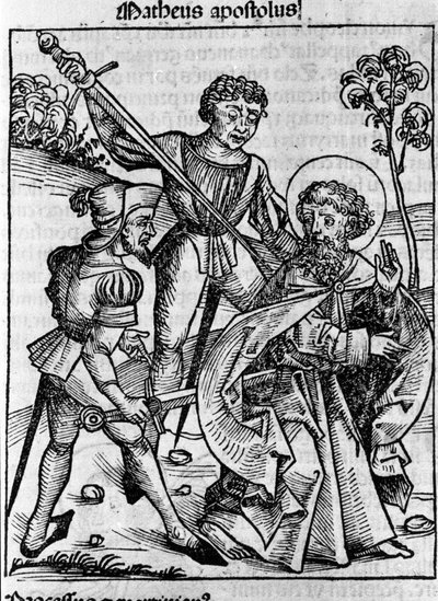 Darstellung des Evangelisten Matthäus. Gravur aus „Liber chronicarum“ (Nürnberger Chroniken) von Hartmann Schedel 1493 von Hartmann Schedel
