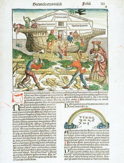 Der Bau der Arche Noah, Beschreibung der Aktivitäten der Schiffbauer von Hartmann Schedel