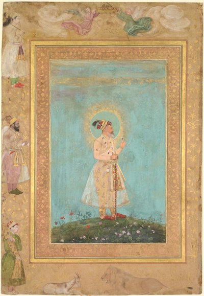 Shah Jahan hält einen Spinell und ein langes Deccan-Schwert, aus dem späten Shah Jahan Album, ca. 1650 von Hashim
