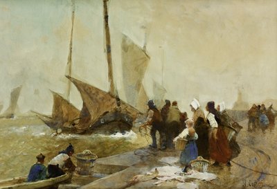 Ein belebter Kai in der Bretagne mit zurückkehrenden Fischerbooten von Hector Caffieri