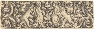 Kreuzpaneel mit Weinrebe in der Mitte und Tritonenpaar von Heinrich Aldegrever