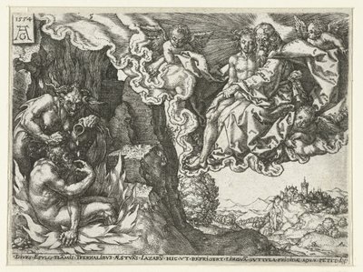 Der reiche Mann in der Hölle sieht Abraham mit Lazarus von Heinrich Aldegrever