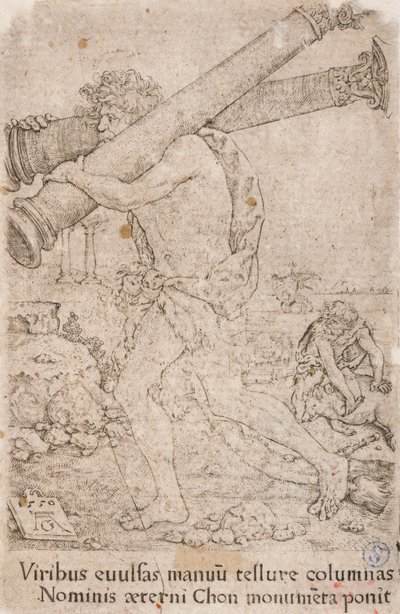 Herkules trägt die Säulen von Gades, aus der Serie: Die Arbeiten des Herkules (12) von Heinrich Aldegrever
