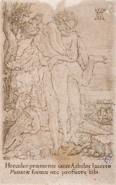 Herkules kämpft gegen den Flussgott Achelous, aus der Serie: Die Arbeiten des Herkules (7) von Heinrich Aldegrever