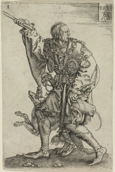 Zeremonienmeister mit Hund, Tafel eins aus den großen Hochzeitstänzern von Heinrich Aldegrever