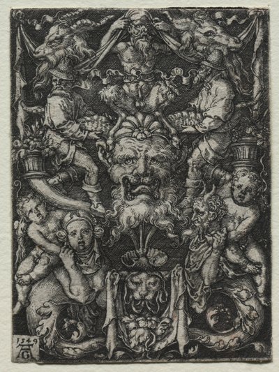 Ornamentdesign mit einer Maske, einem Paar Tritonen und zwei Kindern darunter, 1549 von Heinrich Aldegrever