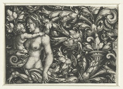 Ornament mit Blattranken und einer weiblichen Triton mit Kind von Heinrich Aldegrever