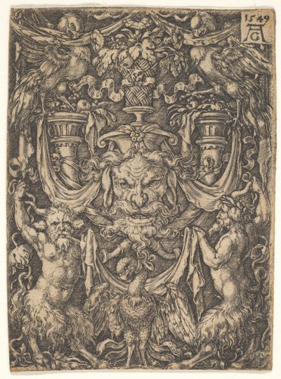 Ornamentales Design mit einer Maske und einem Adler zwischen zwei Faunen unten, 1549 von Heinrich Aldegrever