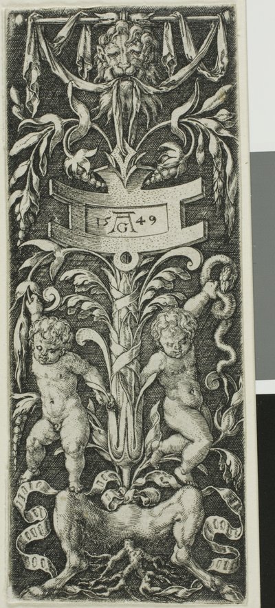 Ornamenttafel mit zwei nackten Jungen, die auf den Beinen eines Satyrs stehen von Heinrich Aldegrever