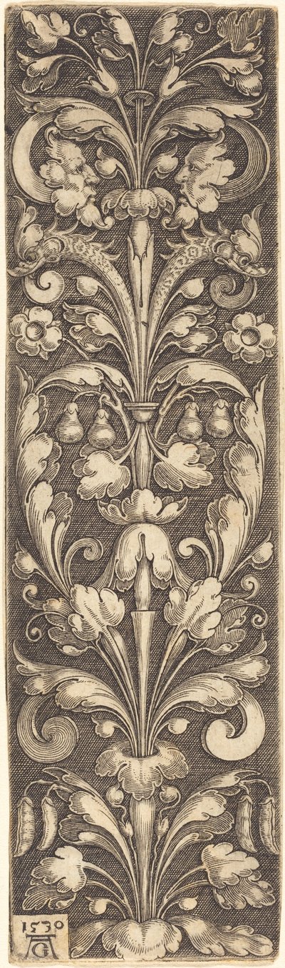 Zweig mit Zierlaub mit zwei Masken und zwei Delfinen, 1530 von Heinrich Aldegrever