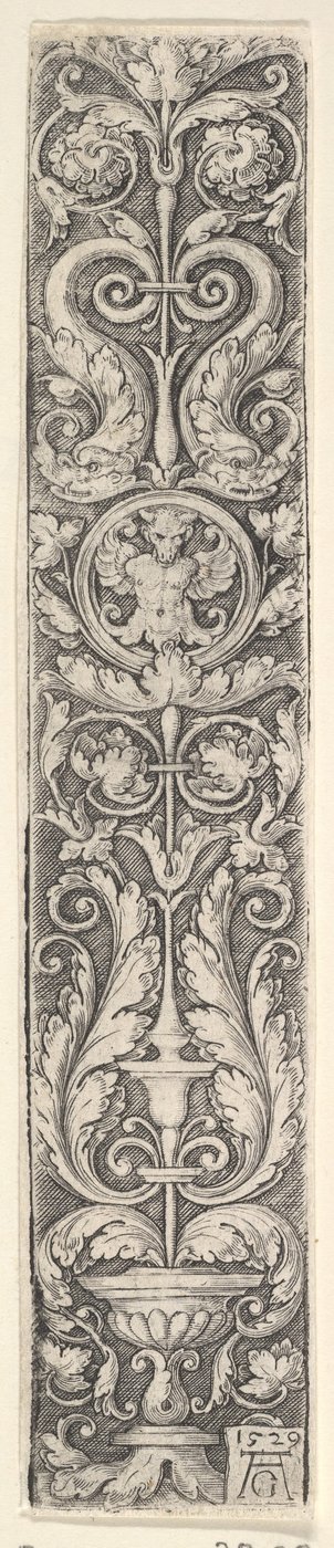 Vertikales Panel mit einem Kandelaber, der ein Medaillon mit einem Zentaur und einem Paar Dolp... enthält, 1529 von Heinrich Aldegrever