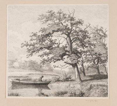Landschaft mit Eichen am See, wo man einen alten Mann in einem Boot sieht von Heinrich Buntzen