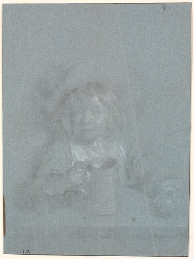 Ein Junge an einem Tisch mit Apfel und Krug in den Händen von Heinrich Dittmers