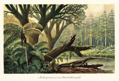 Archegosaurus decheni an einem Fluss im Urwald von Heinrich Harder