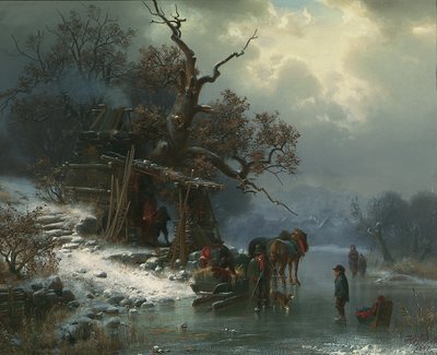 Winterlandschaft mit Figuren auf einem zugefrorenen Fluss, 1867 von Heinrich Hofer